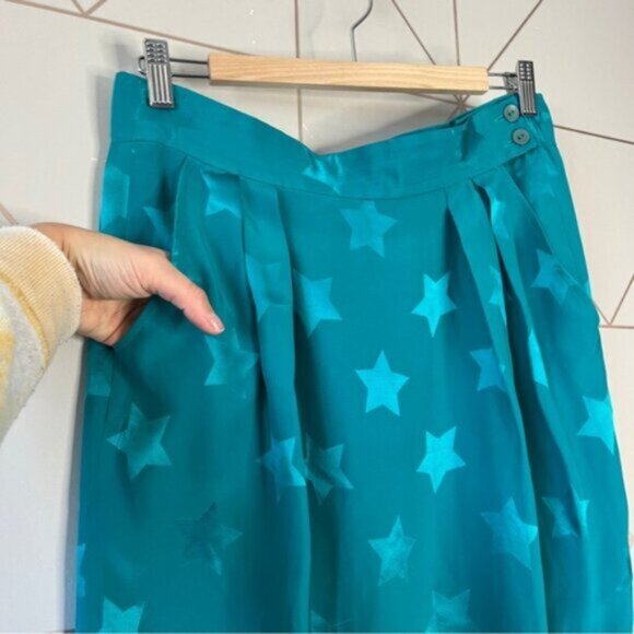 Vintage 100% Silk Star Print Midi Skirt Teal - Picture 3 of 5